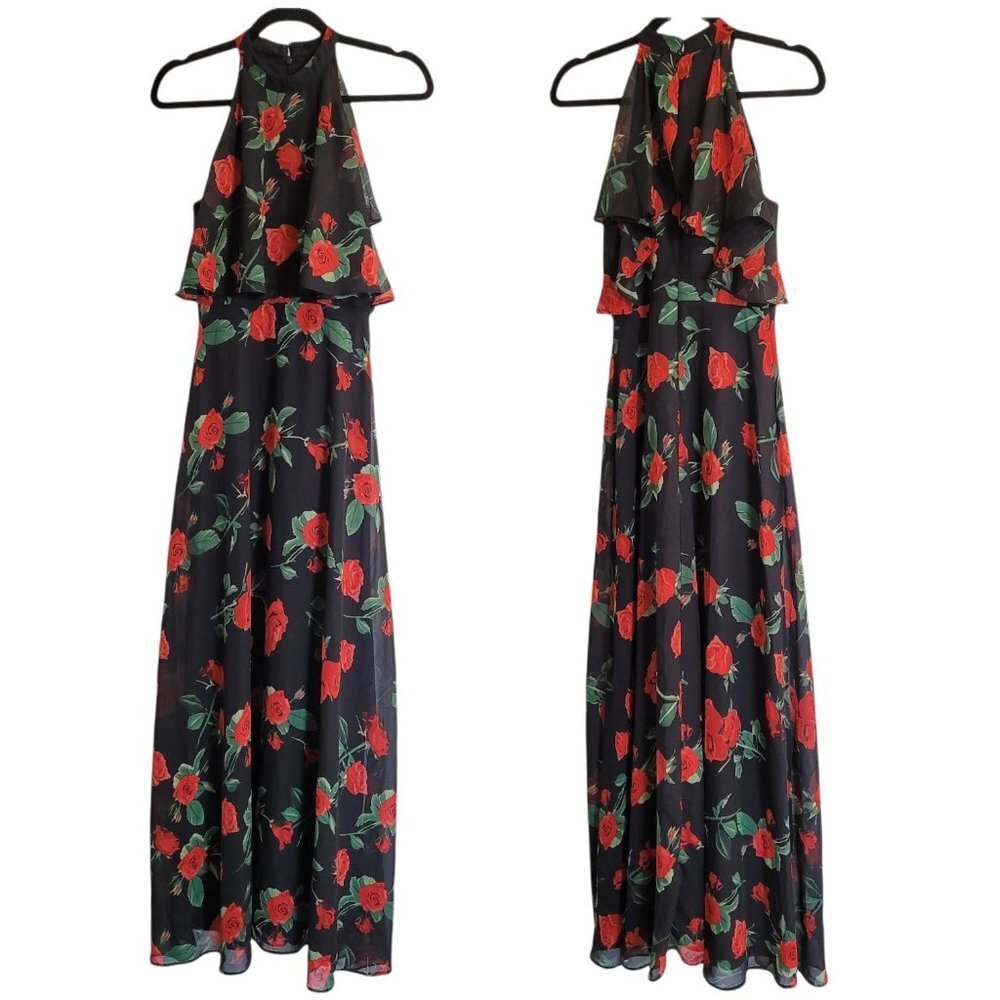 Liza Luxe womens XS Halter High Neckline leafy Red Rose Maxi dress